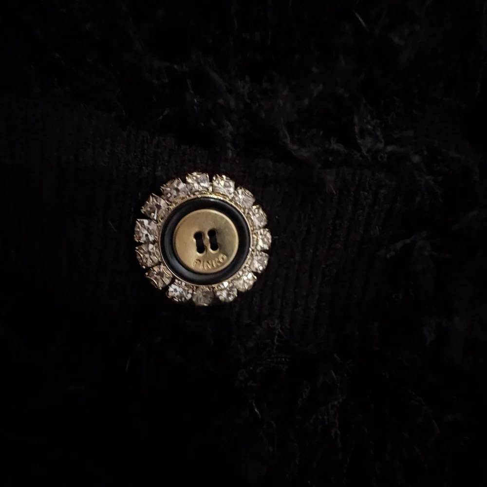Pinko Black Fringe Mini Skirt with Gold Tone Buttons